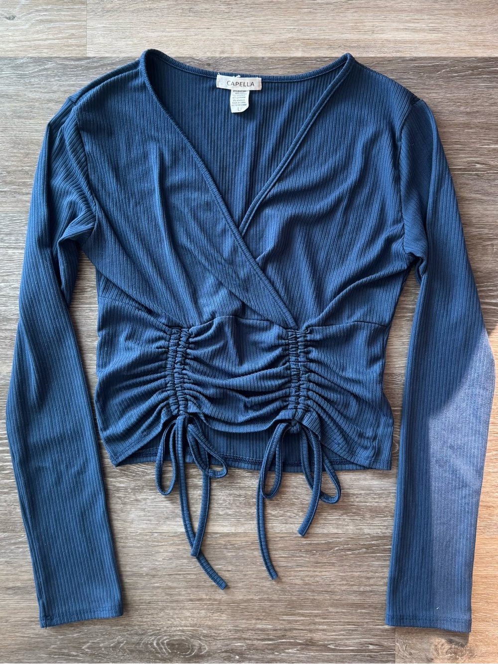 Capella Navy Blue Ribbed Long Sleeve Ruched Wrap Crop Top V-Neck Size L